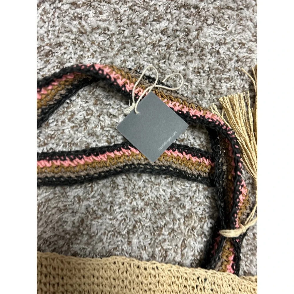 Haute Hippie Slouchy Style Straw Tote Bag Tan Woven Crochet Straps Tassel NWT